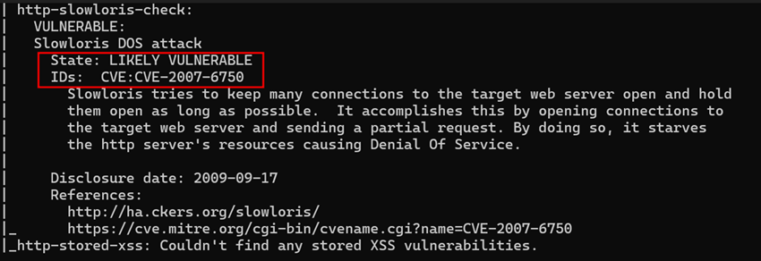  
Legenda: Scan identificando vulnerabilidade de Slowloris.

